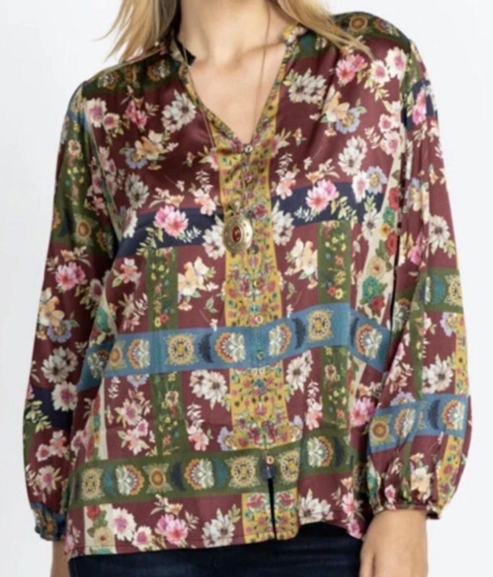 Johnny Was Laurie Blouse 3X 100% Silk Floral Patchwork Plus Size Tunic